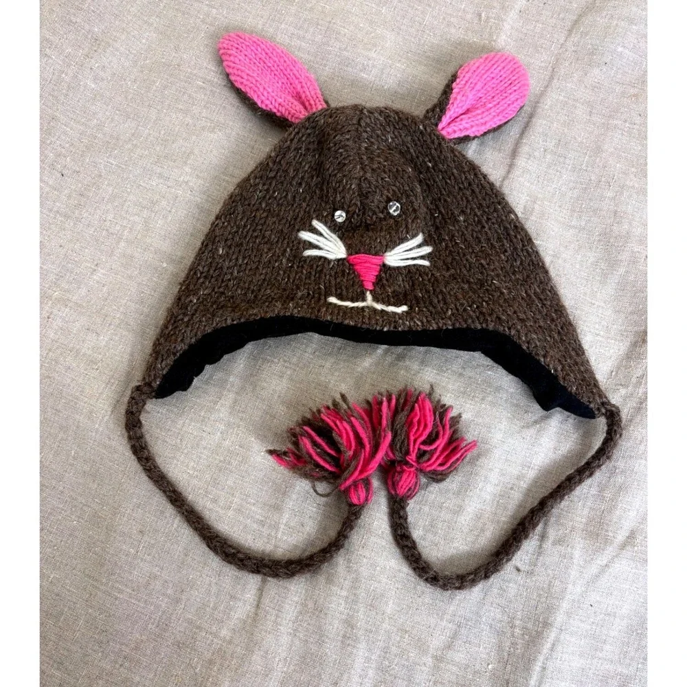Unbranded Bunny Earflap Hat Kids One Size Brown Pink Wool Fleece Lined Nepal